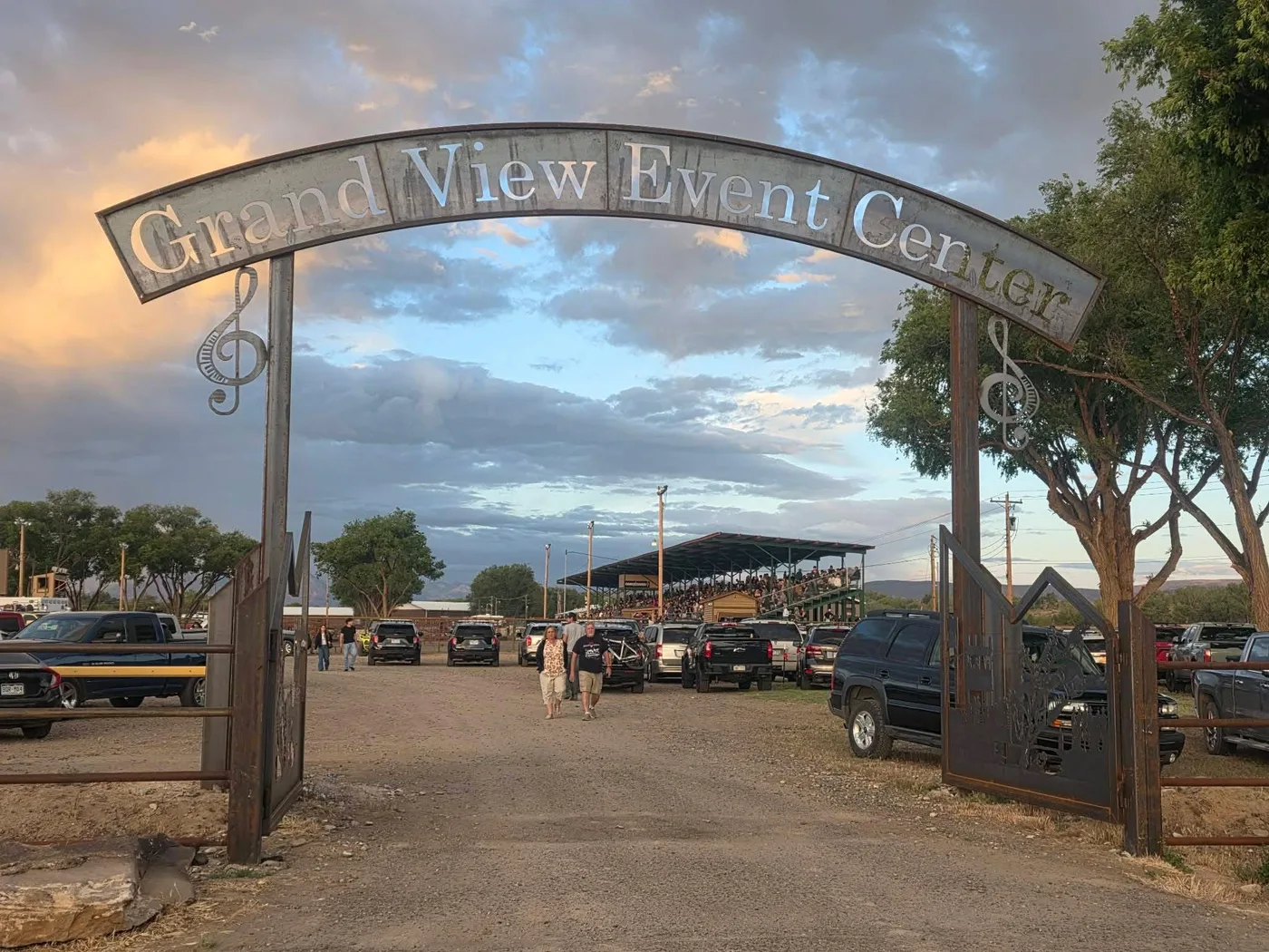 Grand View Event Center entrance gate at sunset.