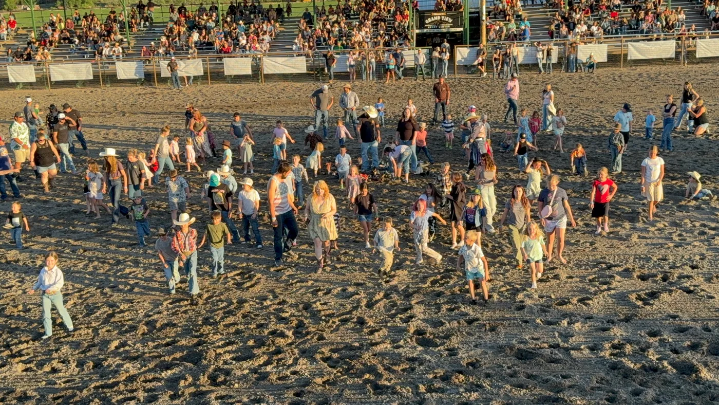 Aerial view of a packed crowd at the Red Dirt Rampage rodeo, Grand View Event Center.