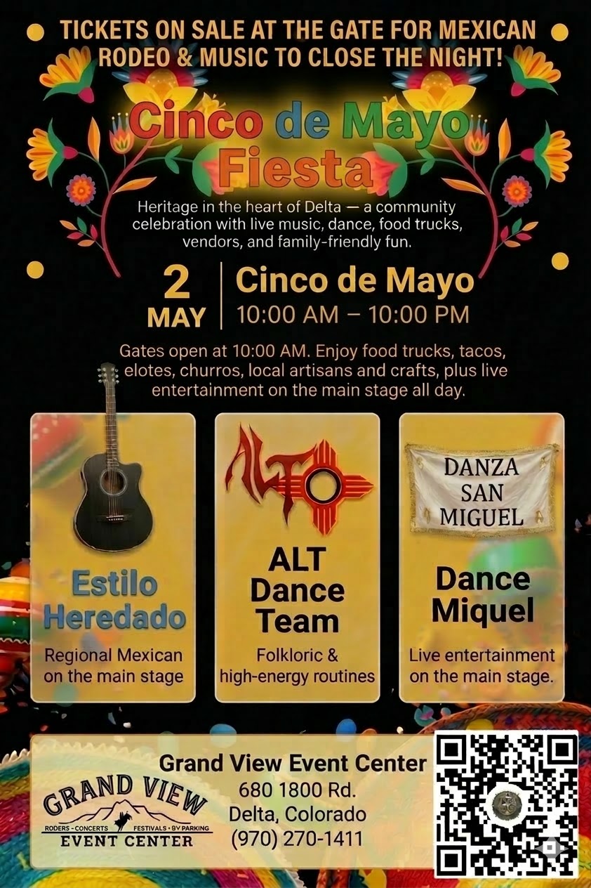 Cinco de Mayo Fiesta — May 2, 2026 at Grand View Event Center. Tickets on sale at the gate for Mexican Rodeo and music. Featuring Estilo Heredado, ALT Dance Team, and Dance Miquel. Gates open 10 AM – 10 PM.
